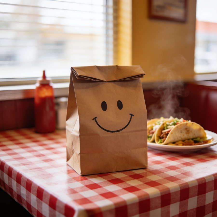 A paper lunch bag with a smiley face on a checkered diner table